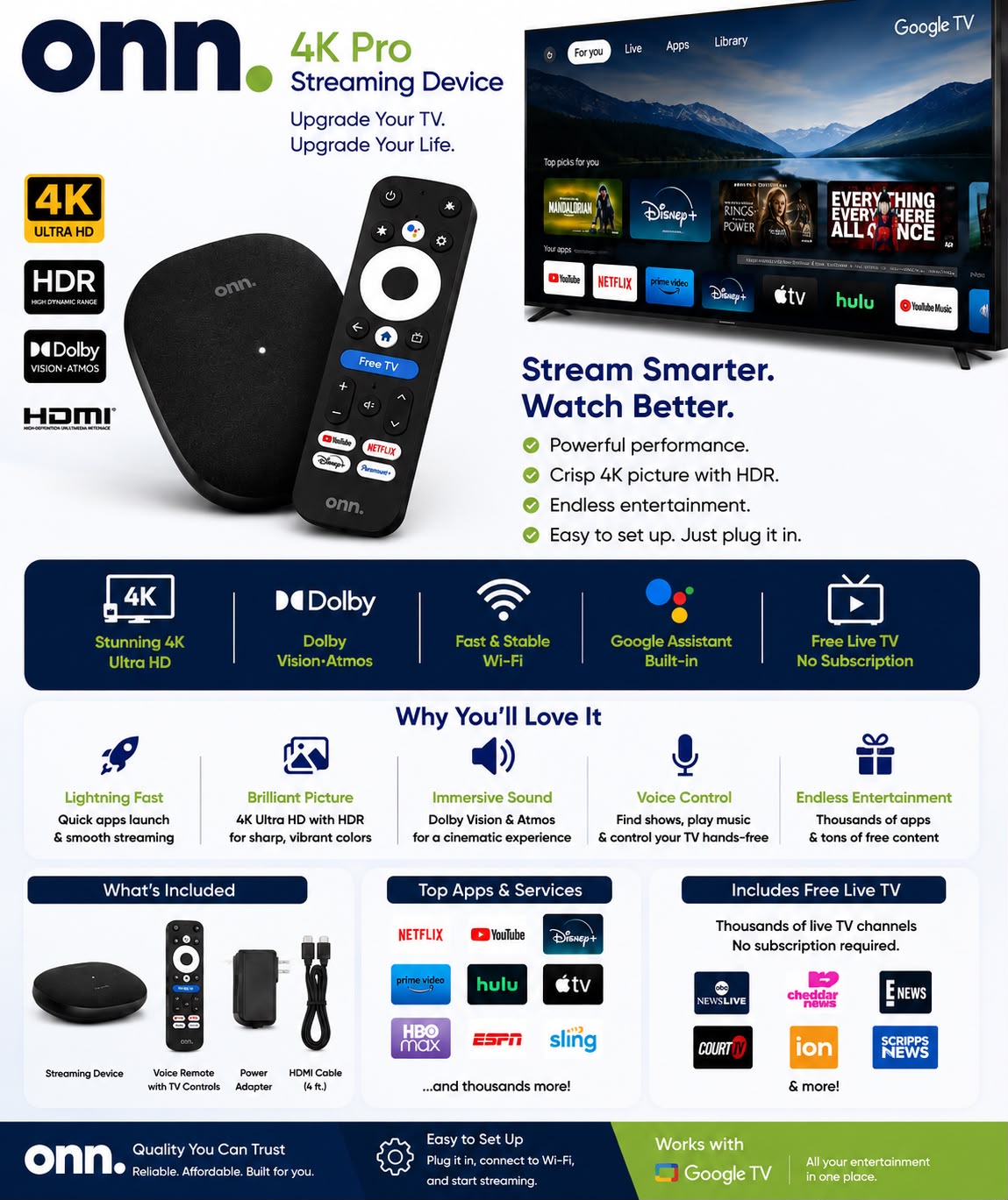 Onn. 4K Pro Streaming Device Google TV Gemini 32GB 3GB RAM Dolby Vision Atmos