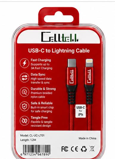 Celltell USB-C to Lightning Fast Charging Cable for iPhone - Red