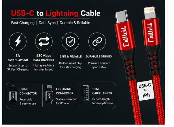 Celltell USB-C to Lightning Fast Charging Cable for iPhone - Red